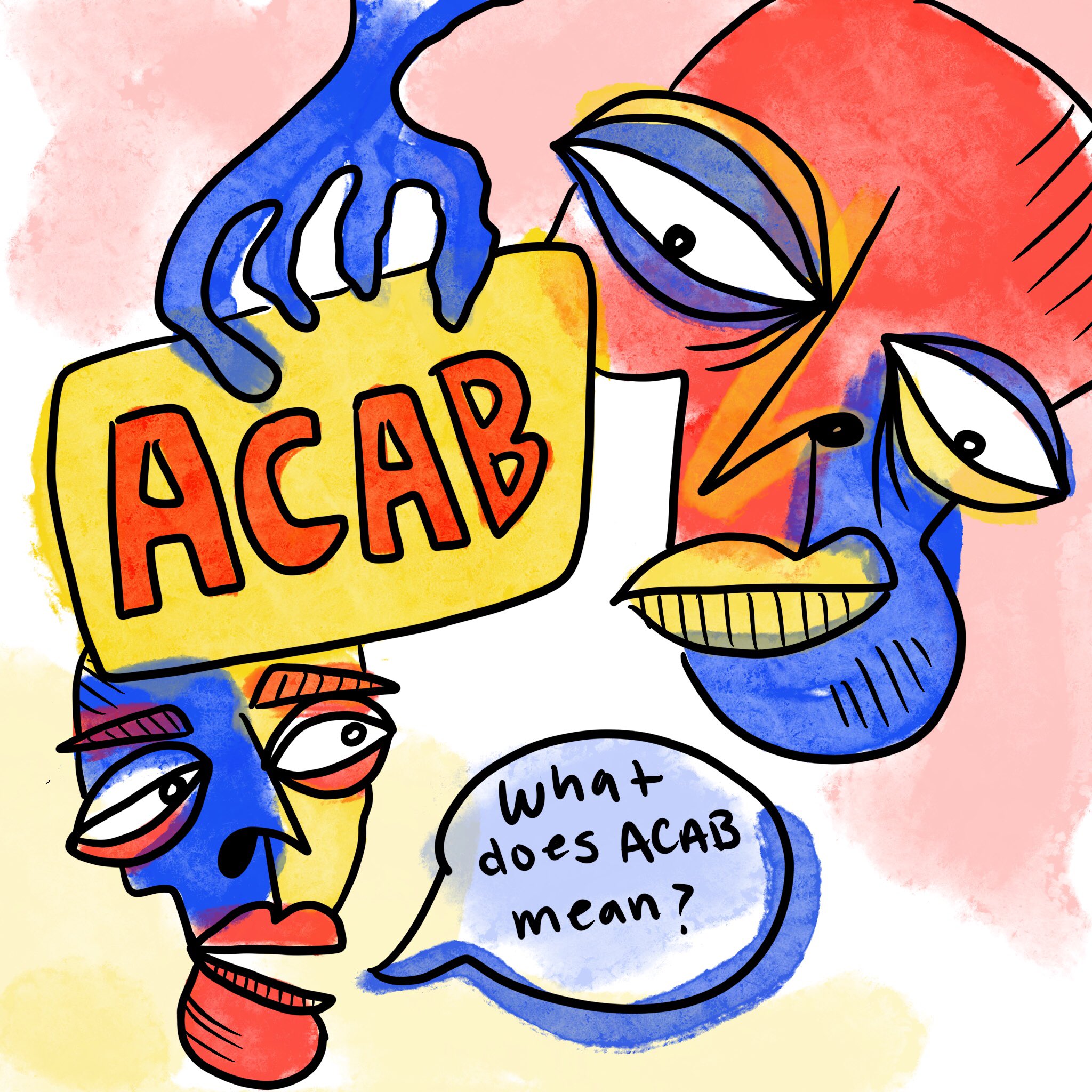 art by @furbyrose on twitter and @mrosearts on instagram. head1 holding ACAB sign. head2 asking 'What does ACAB mean?'