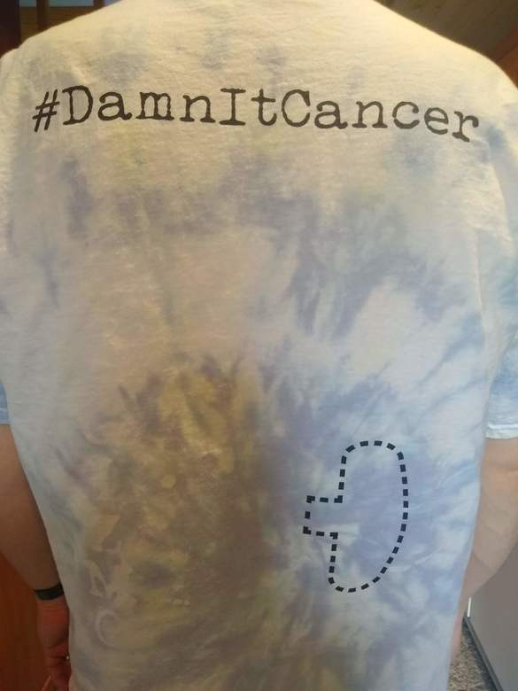 tie dyed shirt of DamnItCancer shirt, back view
